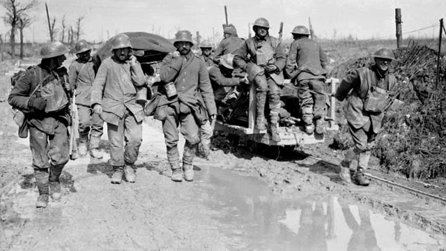 Canadians and German POWs carrying wounded at Vimy Ridge