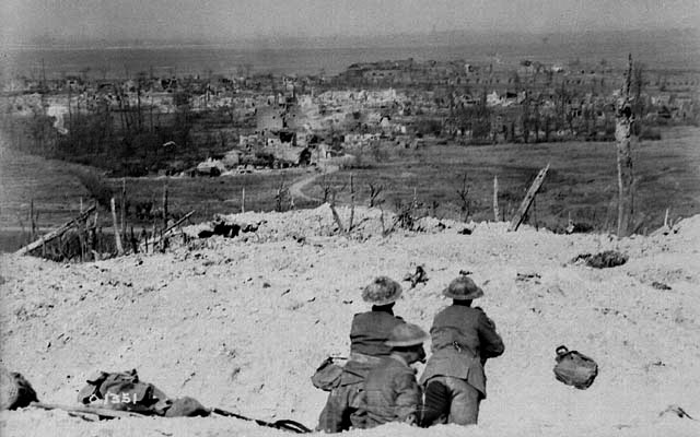 View over the crest of Vimy Ridge showing the village of Vimy in May